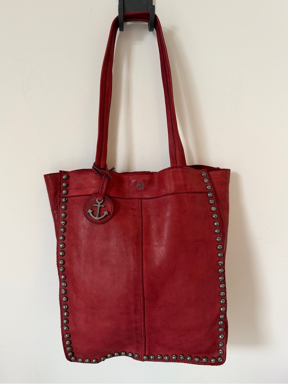 HARBOUR 2nd Frame North South Studded Leather Tote Bag Chili Red Rustic Luxury